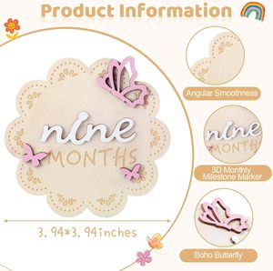 12 cartes de jalons mensuels en bois 3D Papillon pour bébé fille, disques marqueurs de jalons, accessoires de photographie nouveau-né, signes commémoratifs - Product Image 2