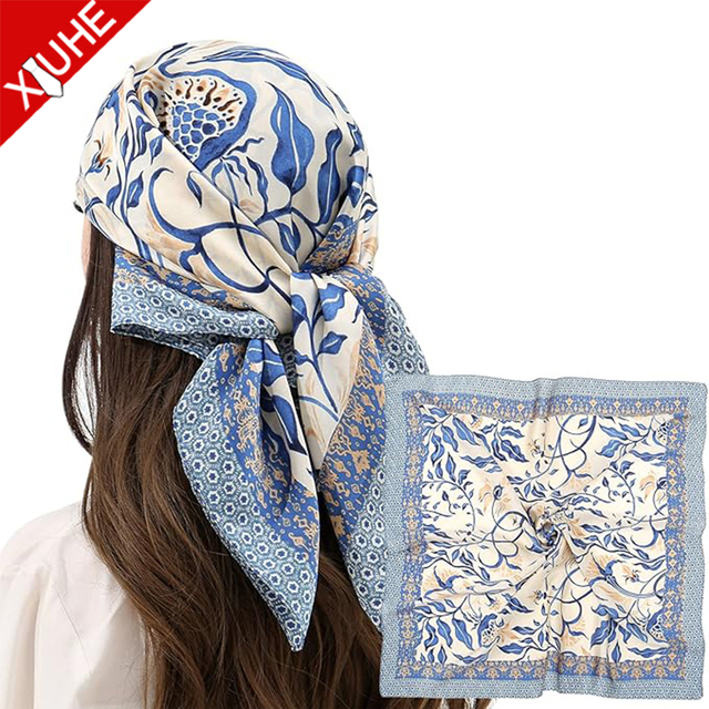 100% Mulberry Silk Luxury Scarf for Women Square Night Cap & Hair Bonnet with Floral Pattern Curly Hair Protection Headscarf
