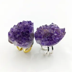 Amazing Big Stone Natural Amethyst Druzy Rings Gold Silver Plating Crystal Geode Cluster Open Ring Adjustable Gemstone Ring Gift