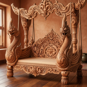 Hand Carved Teak Wood <b>Patio</b> <b>Swing</b> Bench with Traditional Design for Outdoor Balcony Porch Garden Seating Furniture - Product Image 5