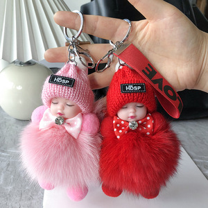 Sweet Cute Sleeping Baby Doll Keychain Pom Pom Rabbit Fur Ball Key Chain Fluffy Car Key Ring Bag Charm Gift Plush Fur Key Chains