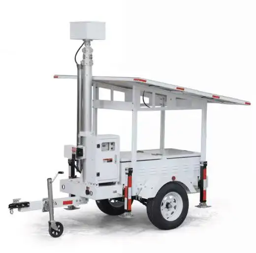 Mobile solar surveillance trailer with telescopic mast and high definition cameras for outside working site security
