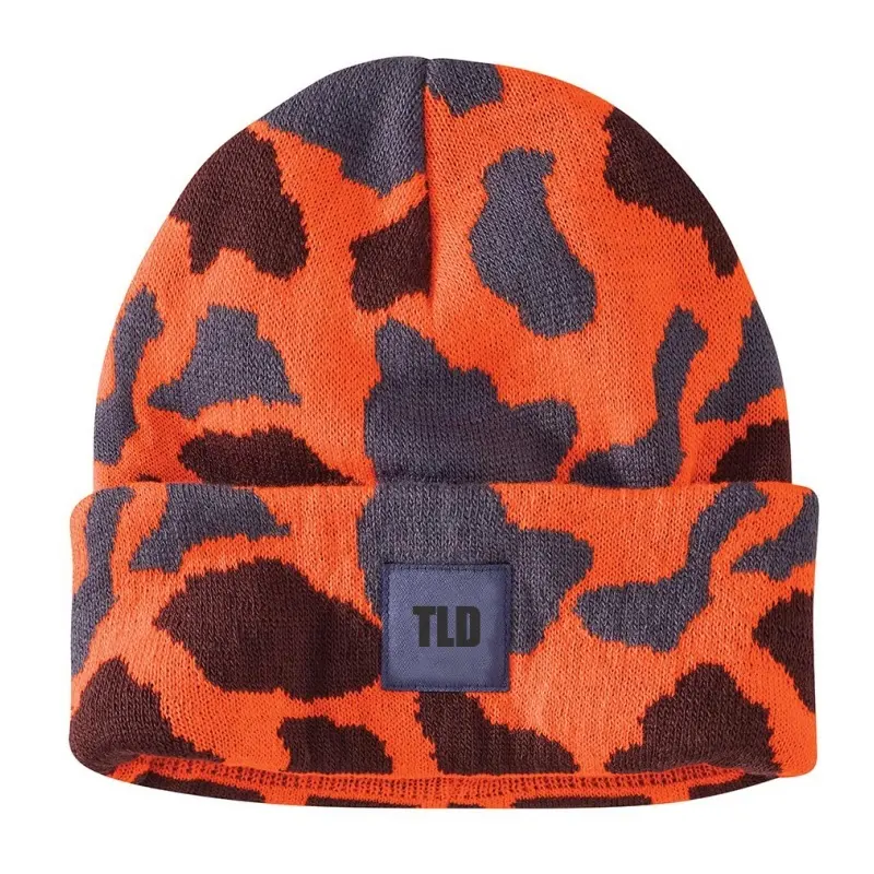 Oem Low Moq Custom Logo Gebreide Cuffed Acryl Jacquard Blanco Mannen Oranje Camo Beanie