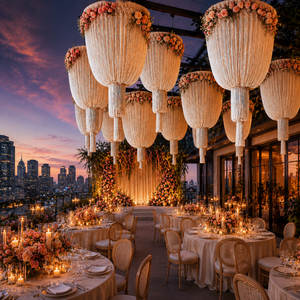 Lampadario Boho in Macramè con Fiori Artificiali e Nappe per Decorazione Soffitto Matrimonio, Hotel, Ricevimenti - Personalizzabile OEM - Product Image 1