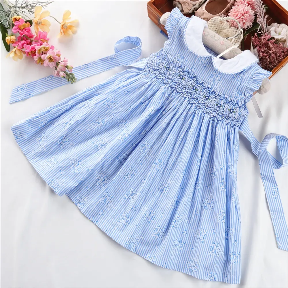 3-7 years summer blue embroidery flower little girls smocked dress infant baby girls' dresses smocking 100% cotton clothes