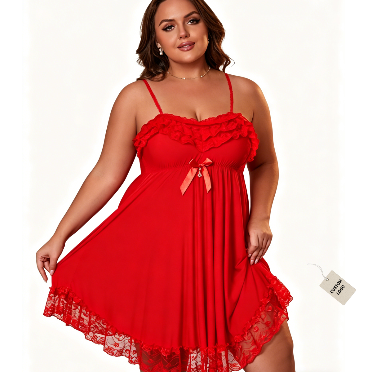 sexy red plus size lingerie Plus Size Red Candy Trim Mesh Satin Fur Skirt Babydoll Lingerie main image 1
