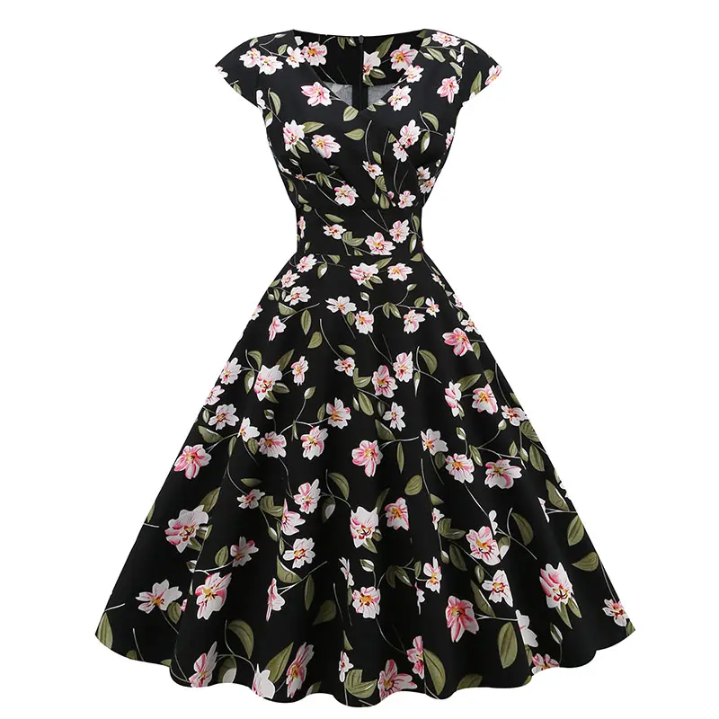 Wholesale boutique women cotton retro dress 501C Rockabilly Capped Sleeve A Line Swing Party Dresses