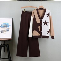 Ensemble de mode B4907 pour femmes, automne, peinture à l'encre, jacquard, haut en tricot ample à manches longues, pantalon large, ensemble deux pièces