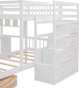 Lit superposé double en bois avec bureau, tiroirs et étagères, cadre de lit superposé en forme de L avec escalier de rangement pour enfants, adolescents et adultes - Product Image 3