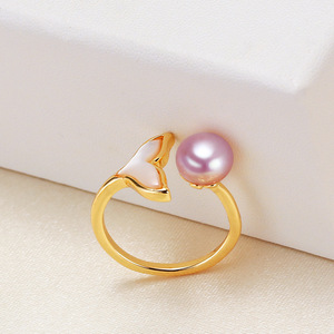 Bague en coquille de perle demi-ronde pour femme, tendance, plaquée or, style INS, queue de poisson, incrustation de perle d'eau douce, bijoux - Product Image 1