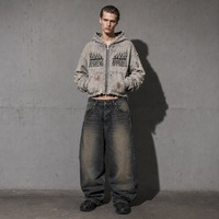 Blouson streetwear pour homme personnalisé, délavé à l'acide, effet usé, zippé, déchiré, imprimé sérigraphié, coupe courte, ODM, vente en gros