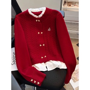 Boutique Atacado Primavera Nova Moda Stand up Collar Falso de duas peças Camisola das mulheres de malha Cardigan de manga comprida - Product Image 2