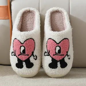 Herfst Winter Pluizige Bont Slippers Pluche Knusse Platte Love Heart Slippers Indoor Casual Damesschoenen Bad Bunny Slippers Zwart