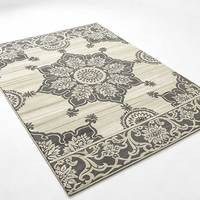 Tapis rectangulaire moderne gris beige anthracite à motif floral médaillon en polyester antidérapant pour salon et décoration intérieure