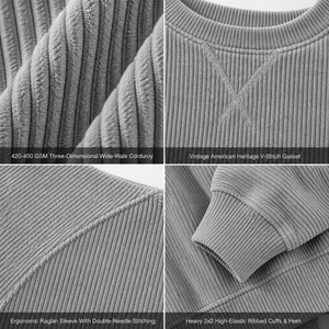 Heavyweight Corduroy Sweatshirt <strong>Men</strong> Ribbed Knit Texture Crewneck Pullover Vintage <strong>V</strong> Notch Raglan Sleeve Loose Casual Streetwear - Product Image 3