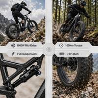 Vélo de montagne électrique à suspension intégrale en fibre de carbone légère T800, 1000W, 160Nm, transmission centrale, 9 vitesses, 72V, 35Ah, pneus larges 26x4.5