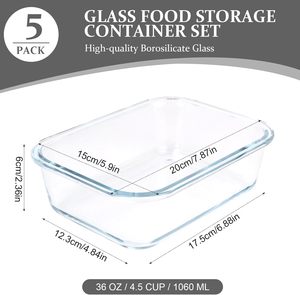 5個セット 1060ml ガラス製食品保存容器セット 密閉型ミールプレップボックス 蓋付き スタッカブルランチボックス キッチン、オフィス用 - Product Image 2