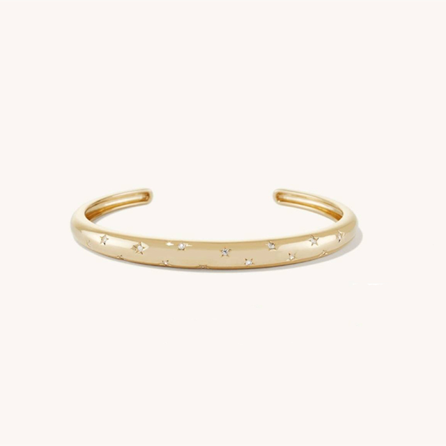 Elegant Real Gold Plated 925 Sterling Silver Diamond Paved Zodiac Sign Dome Cuff Bangle for Women