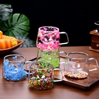 Tasse à café créative en verre borosilicate double paroi, faite à la main, avec motif de fleurs séchées et design transparent