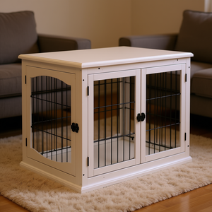 Cage pour chien en bois blanc, verrouillable, double porte, meuble de canil d'intérieur, table d'appoint pour petits chiens - Product Image 2