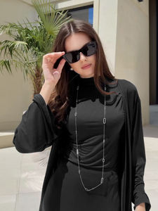 <b>Black</b> Modest Slim Fit 3-Piece Co-ord Set High Neck Top with Maxi <b>Skirt</b> Longline Kimono High Elasticity Modern Islamic Loungewear - Product Image 3