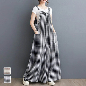 Y2180 nuova tuta a scacchi retrò da donna con vestibilità ampia e Slim, pantaloni a gamba larga, tuta oversize in cotone e lino - Product Image 1