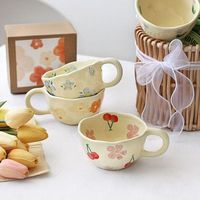 Mug en céramique floral peint à la main, 300 ml, compatible micro-ondes et lave-vaisselle, bord irrégulier, pour café et thé, usage domestique et bureau