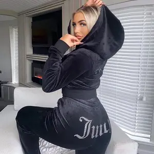 Nova Moda Diamantes Colheita Capuz Jaqueta De Veludo De Jogging Sweatsuit Treino De Veludo Duas Peças Set Para As Mulheres