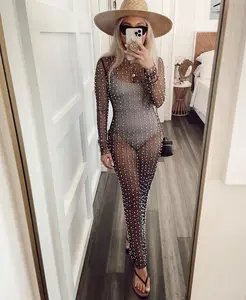 YingTang moda kadınlar tığ kapak Up See Through Mesh inci beyaz uzun kollu kadınlar Casual maxi elbiseler plaj