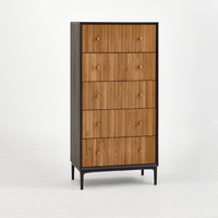 Commode haute moderne en pin recyclé à 5 tiroirs, meuble de rangement étroit avec façades en bois linéaires