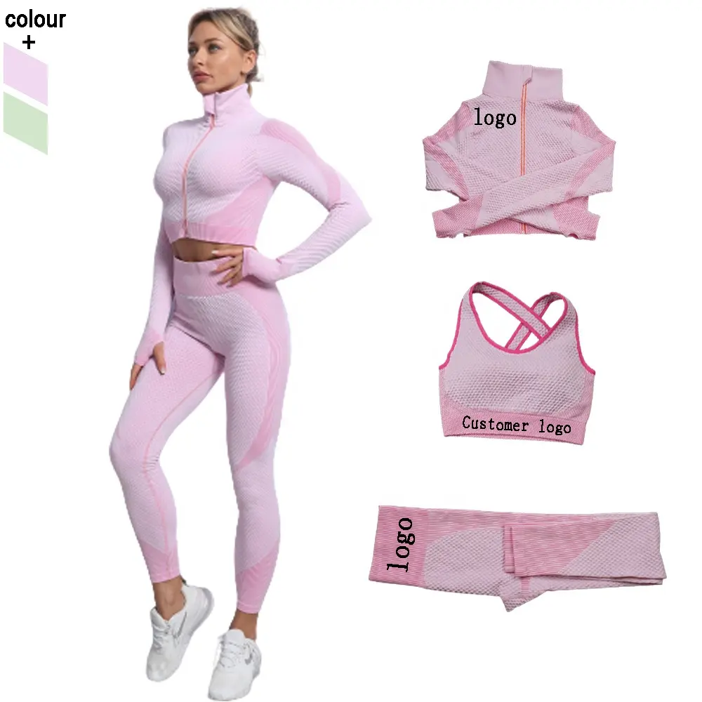 Conjunto de yoga sem costura 3 peças, fitness, activewear, conjunto para treino feminino, cintura alta, trajes, esportivo