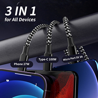 Câble USB C 6 pieds 100W Nylon tressé USB-C cordon de chargeur multiple avec port Micro et IP de type C pour câble de charge iPhone 16/15