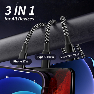 Câble USB C <span class=keywords><strong>6</strong></span> pieds 100W Nylon tressé USB-C <span class=keywords><strong>cordon</strong></span> de <span class=keywords><strong>chargeur</strong></span> multiple avec port Micro et IP de type C pour câble de charge <span class=keywords><strong>iPhone</strong></span> 16/15 - Product Image 3
