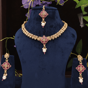 Ensemble collier et boucles d'oreilles classiques en cuivre plaqué or antique avec pendentif en pierre, Maang Tikka, bijoux ethniques indiens - Product Image 4