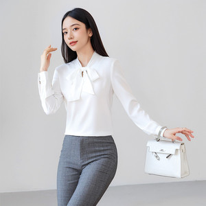 <b>White</b> Chiffon Blouse With Bow Tie Long Sleeve Office Shirt Women Solid Color Polyester <b>Wrap</b> And Tie Style - Product Image 3