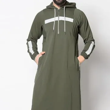 Großhandel Patchwork Farbe Herren Arab Muslim Jubba Islamische Kleidung 1/4 ZIP Seiten tasche 70% Baumwolle schwarz Saudi Thobe mit Kapuze