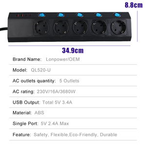 <span class=keywords><strong>Multiprise</strong></span> industrielle avec protection contre la foudre, protection contre les surtensions MOV 16A, 5 prises, 4 ports USB, câble de 2 m - Product Image 2