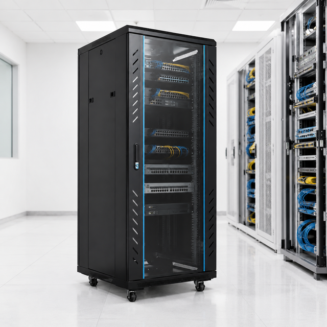 Customizable 42U Black Server Rack Cabinet with Glass Door, Vent Fans, Adjustable Feet for Network Data Center
