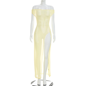 Viviblook Y26ST178 Ensemble d'été pour femme Nouveau sexy ensemble trois pièces : crop top bustier, string et robe longue fendue en maille transparente - Product Image 5
