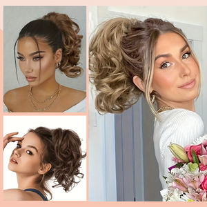 Extensions de <span class=keywords><strong>cheveux</strong></span> synthétiques ondulés et bouclés multicolores, queue de cheval à pince courte et <span class=keywords><strong>chignon</strong></span> désordonné, branches de <span class=keywords><strong>cheveux</strong></span> pliables - Product Image 6