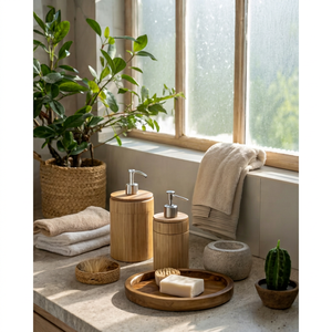 Bamboo Bathroom <b>Accessory</b> Set Three-Piece Round Minimalist Design Eco-Friendly Soap Dish Dispenser Tumbler Wooden Decor Set - Product Image 1