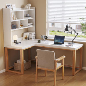 घर के लिए सरल समायोज्य 7 आकार के डबल ऑफिस डेस्क, hutch और भंडारण बुकशेल्फ़ के साथ ठोस लकड़ी एल-आकार की लंबी लेखन डेस्क - Product Image 2
