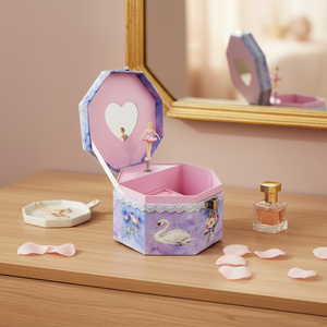 Custom Pattern Octagonal Eco-Friendly Luxury Musical Jewelry Box Rotating Ballerina Heart Mirror Storage Compartments for Kids - Product Image 5