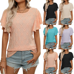 Camiseta informal de verano 2025 <span class=keywords><strong>para</strong></span> <span class=keywords><strong>mujer</strong></span> europea americana <span class=keywords><strong>para</strong></span> <span class=keywords><strong>Amazon</strong></span> nueva flor transfronteriza hueca manga de hoja de loto de punto - Product Image 3