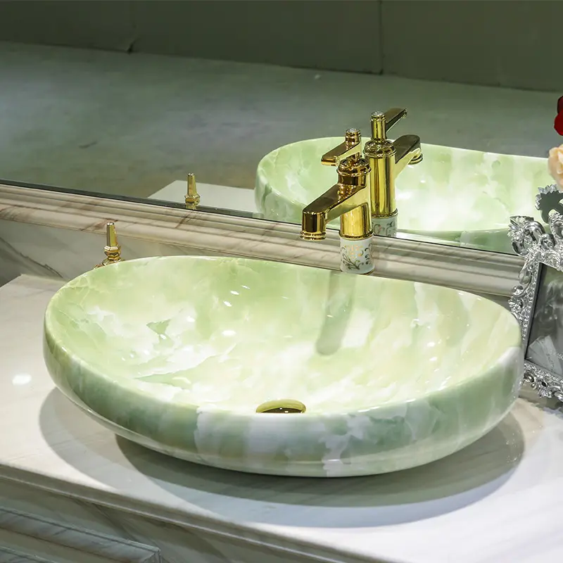 Marachi 새로운 디자인 허영 싱크 대리석 패턴 솔리드 표면 세면기 카운터 탑 세라믹 타원형 Lavabo 욕실