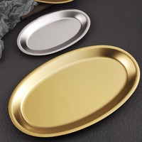 Assiette ovale en acier inoxydable de style coréen, dorée, compatible micro-ondes, design moderne minimaliste, pour steak, pâtes, poisson, dessert