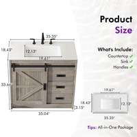 Meuble-lavabo de salle de bain style ferme avec porte coulissante, lavabo intégré et 3 tiroirs, gris bois flotté