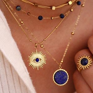 Gold Plated Lapis Lazuli Pendant Necklace Women Bohemia Style Eye Charm Beaded Layered Chain Jewelry <b>Star</b> Pattern Circle <b>Design</b> - Product Image 1