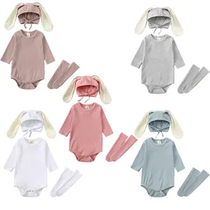 Toddlers के खरगोश कान कपास Jumpsuit नवजात चलनेवाली कान के साथ लंबी आस्तीन Bodysuit कपड़े Onesie बेबी Romper टोपी और मोजे