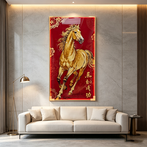 Arte Mural Chino Personalizado al por Mayor, Caballo Dorado de la Suerte, Pintura en Porcelana con Cristal, LED, Decoración de Pared Vertical Roja para el Éxito - Product Image 6